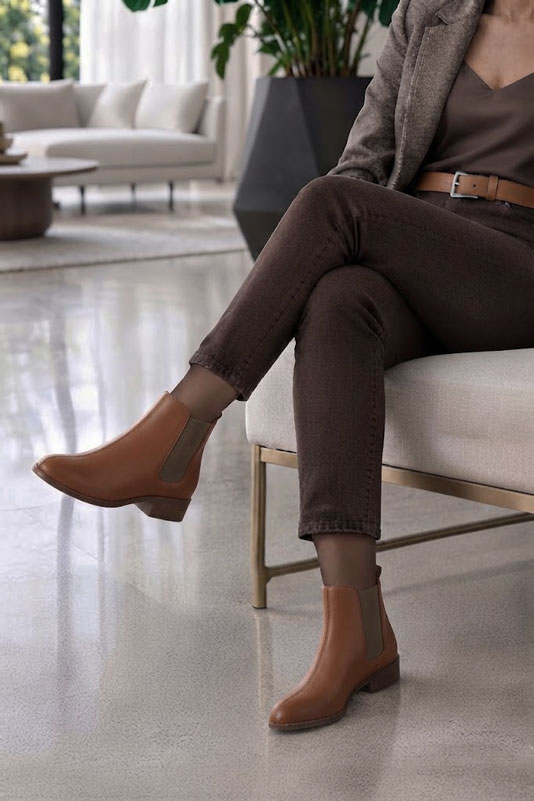 Women's cognac and taupe solid-color chelsea boots with round toe and leather sole - Worn view
